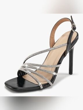 Women Rhinestone Strappy Heels Size 10.5 11 EU 43 Black Stiletto Sandals